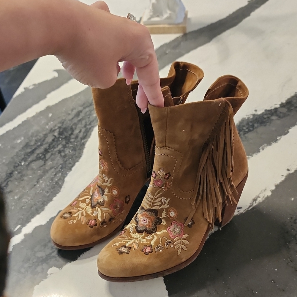 Sam Edelman Tan Suede Embroidered Fringe Ankle Boots